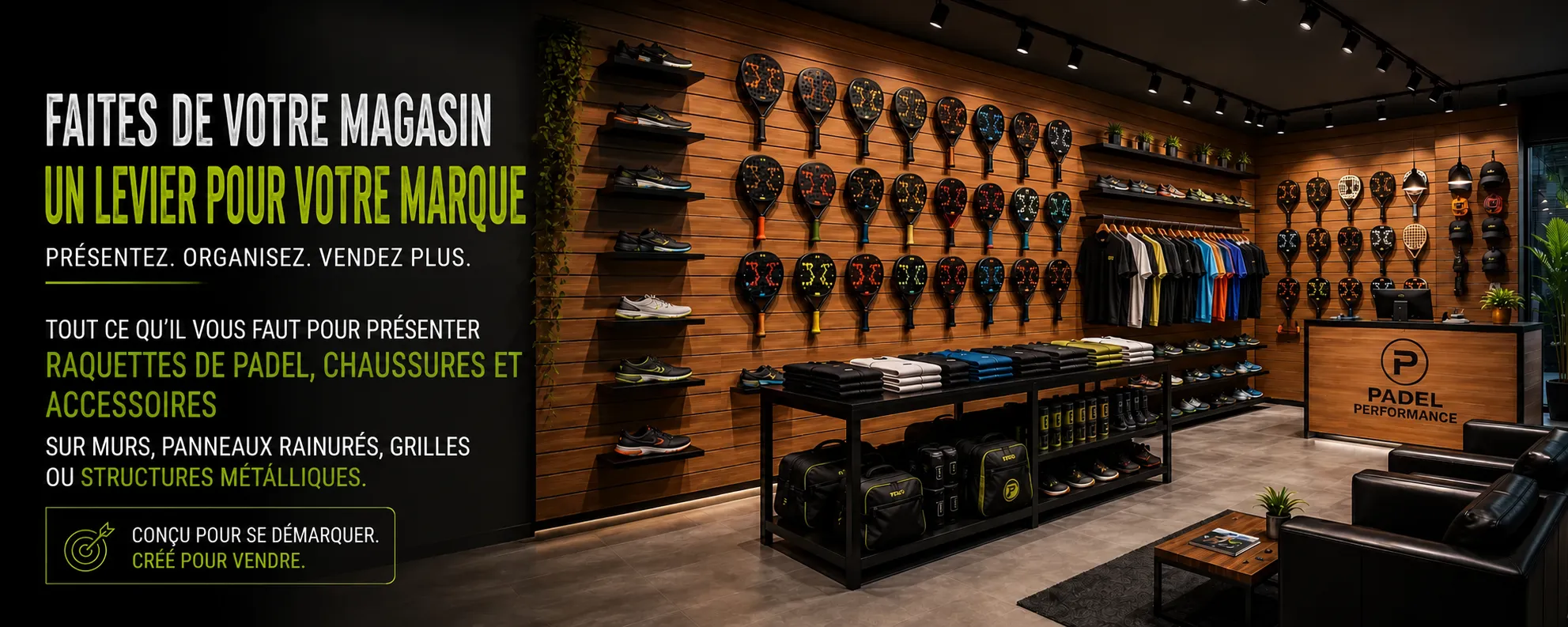 Magasin de padel professionnel avec présentoirs pour raquettes et accessoires | Shelf2000